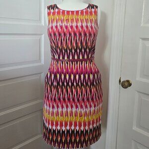 Roz & Ali Multi-Color Pink Belted Dress w/POCKETS, Pleats and Piped Trim Sz 12
